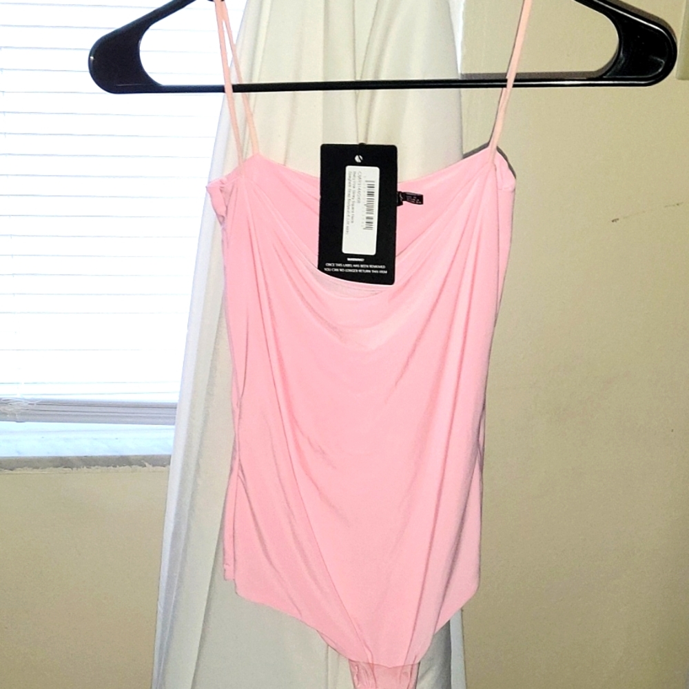 Baby pink slinky Square Neck Spaghetti strap Bodysuit size6 (UK size) pink.